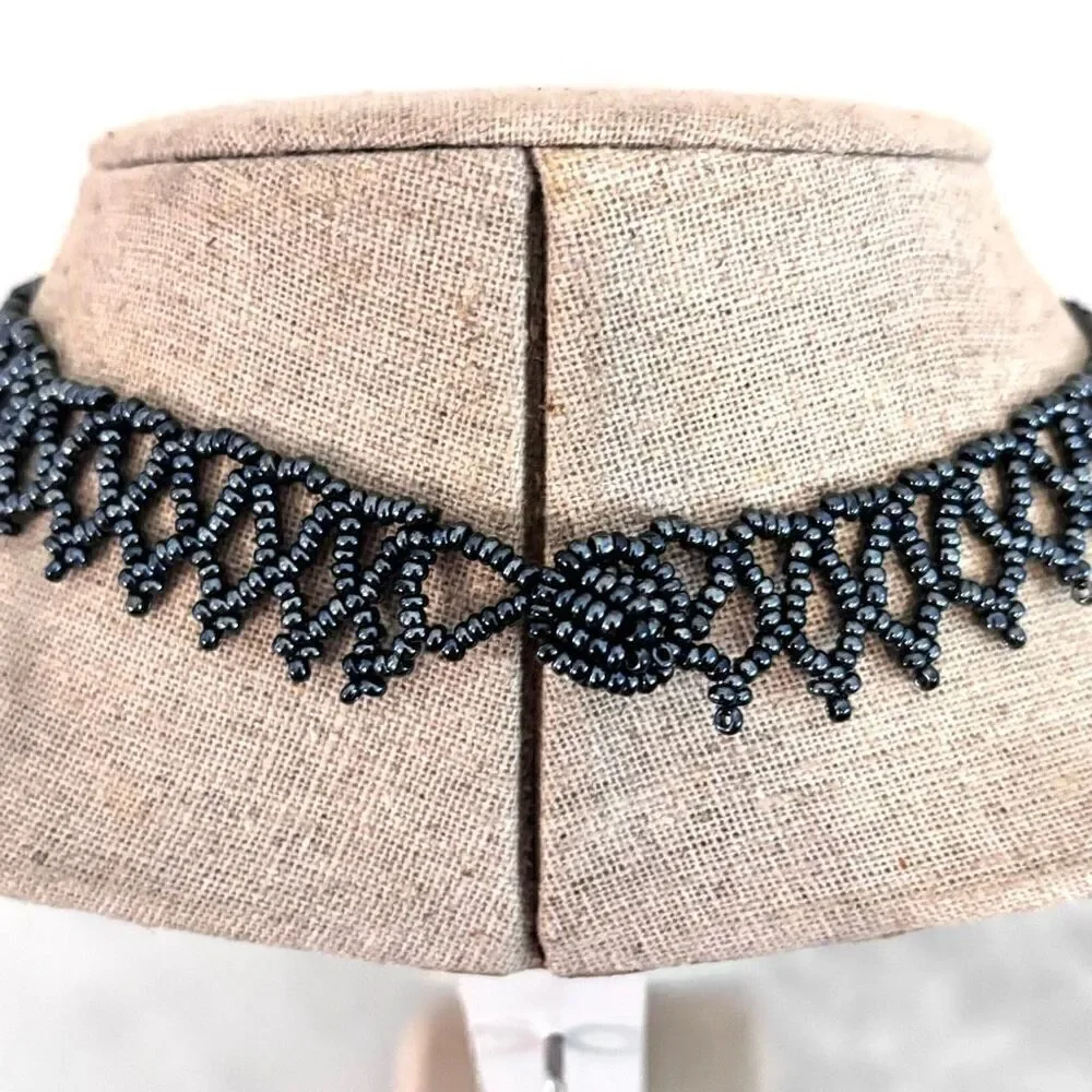 Antique Netted Seed Beads Collar Choker Toggle Statement Fashion Necklace Black